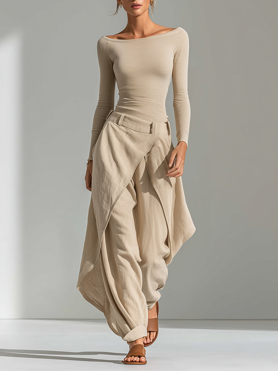 Riley | Off-Shoulder Bodysuit & Sculptural Draped Wide-Leg Trouser Set
