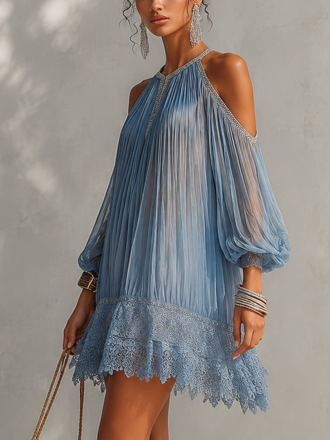 Inesia | Blue Off-the-Shoulder Lace Mini Dress