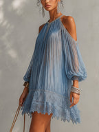 Inesia | Blue off-shoulder lace mini dress