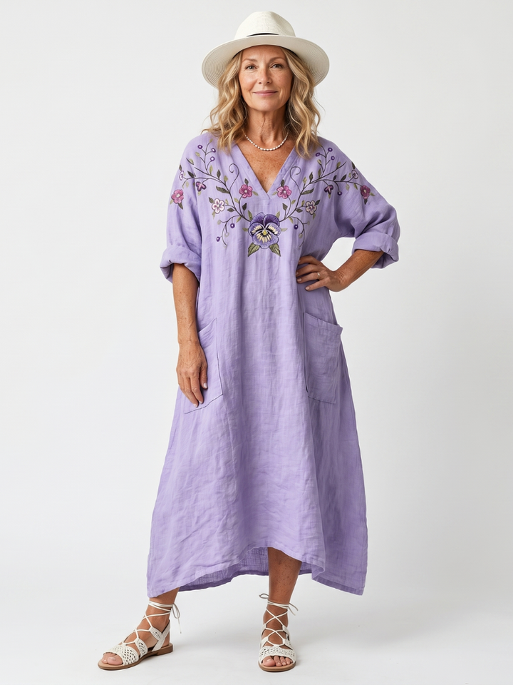 Tavi | Oversized Floral Embroidered Midi Robe with Pockets