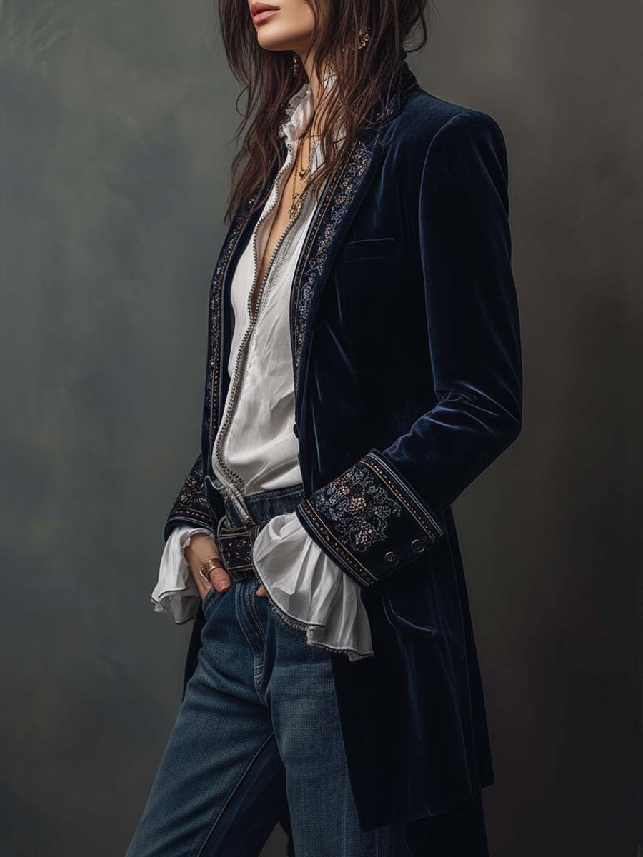 Marguerite | Navy Embroidered Longline Jacket