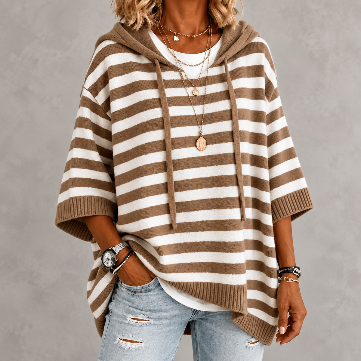 Mathilde | Taupe Striped Poncho Sweater