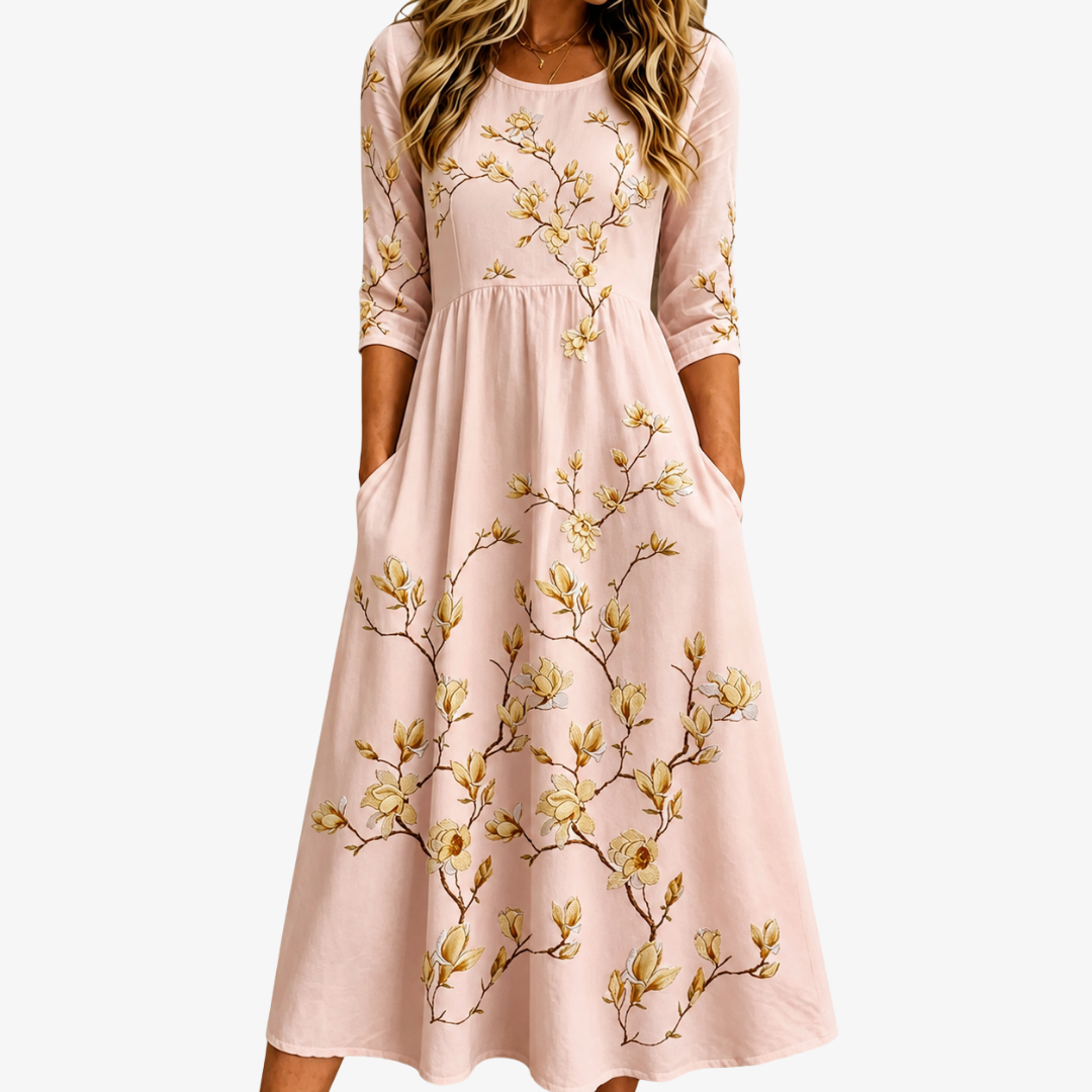 Magnoliah | Golden Magnolia Bloom Midi Dress with Pockets