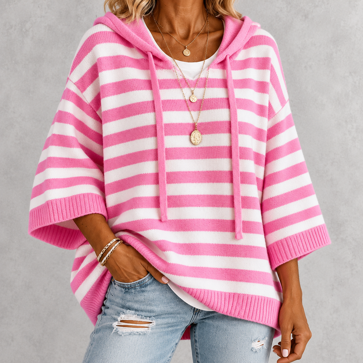 Susan | Pink Striped Poncho Sweater