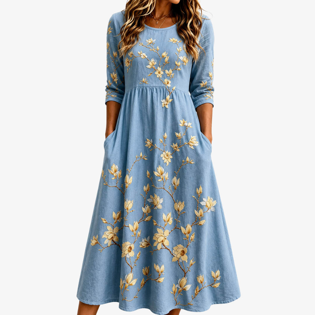 Cele | Blue bellflower prairie midi dress with pockets
