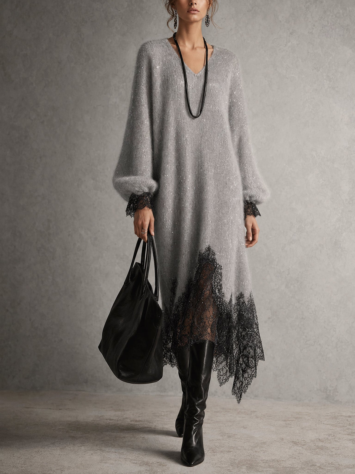 Sedona | Gray Shimmer Knit Midi Dress with Lace Hem