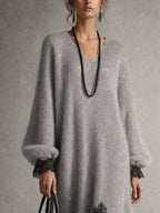 Sedona | Gray Shimmer Knit Midi Dress with Lace Hem