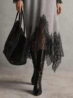 Sedona | Gray Shimmer Knit Midi Dress with Lace Hem