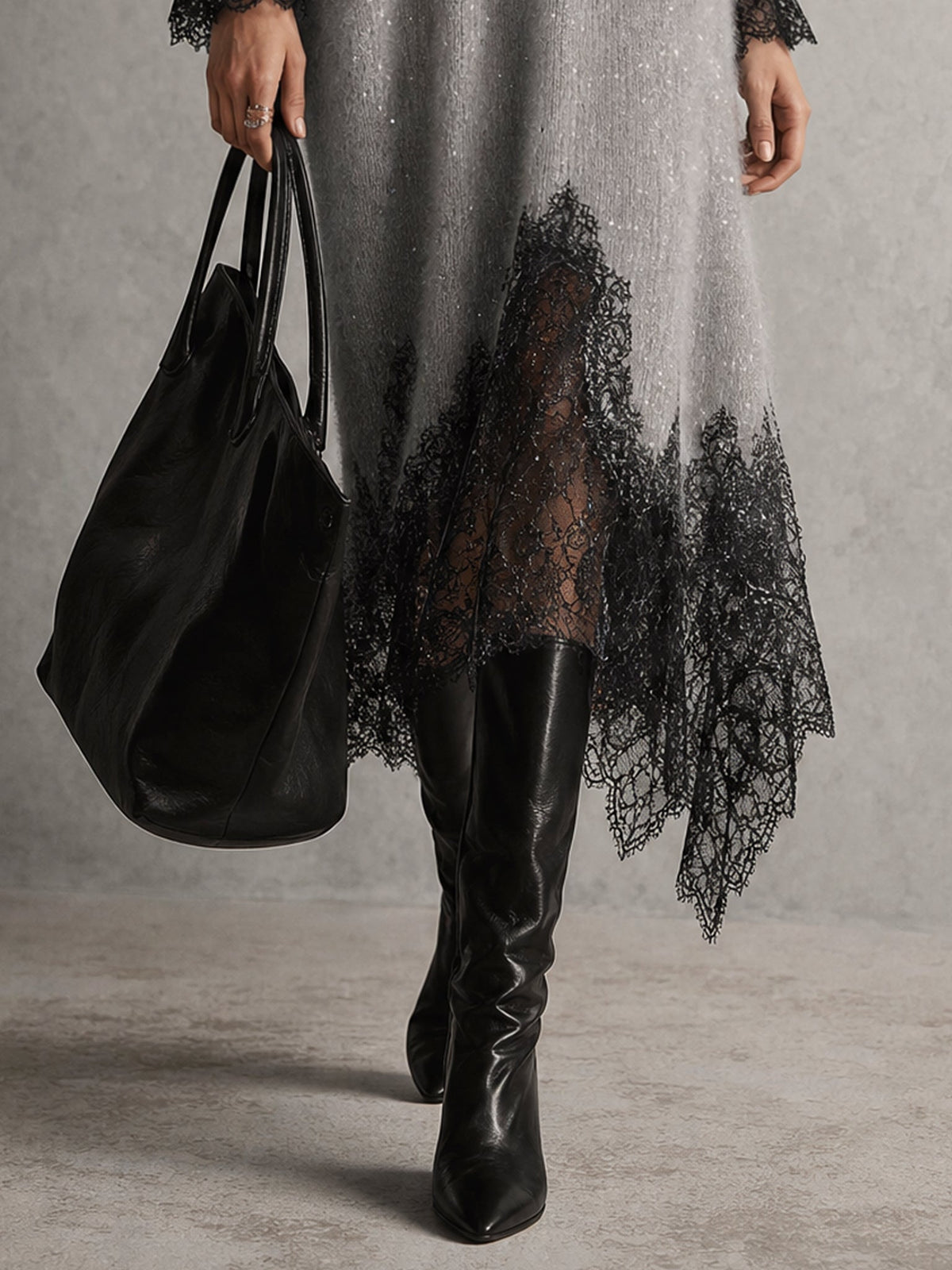 Sedona | Gray Shimmer Knit Midi Dress with Lace Hem