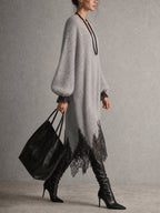 Sedona | Gray Shimmer Knit Midi Dress with Lace Hem