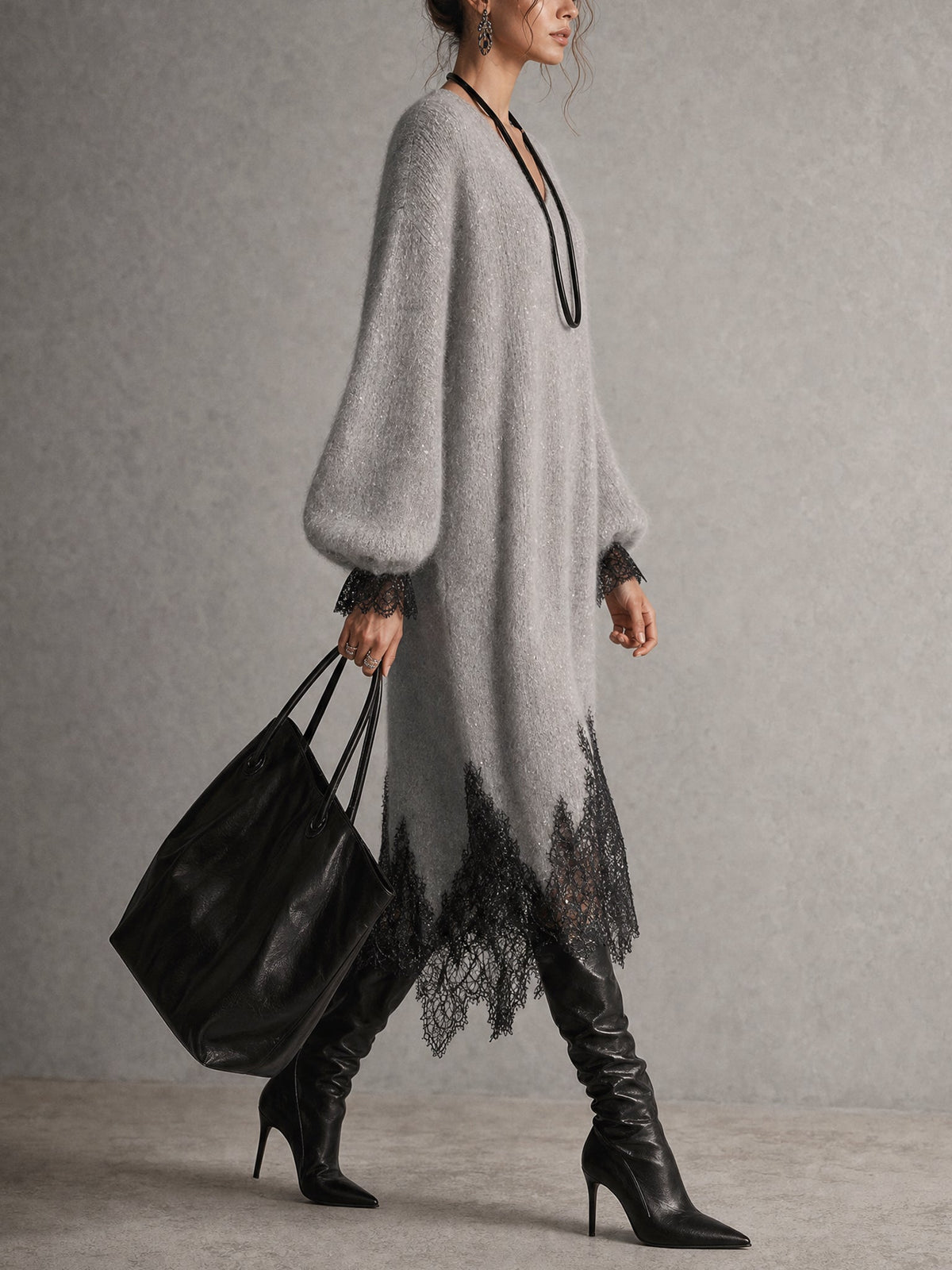 Sedona | Gray Shimmer Knit Midi Dress with Lace Hem
