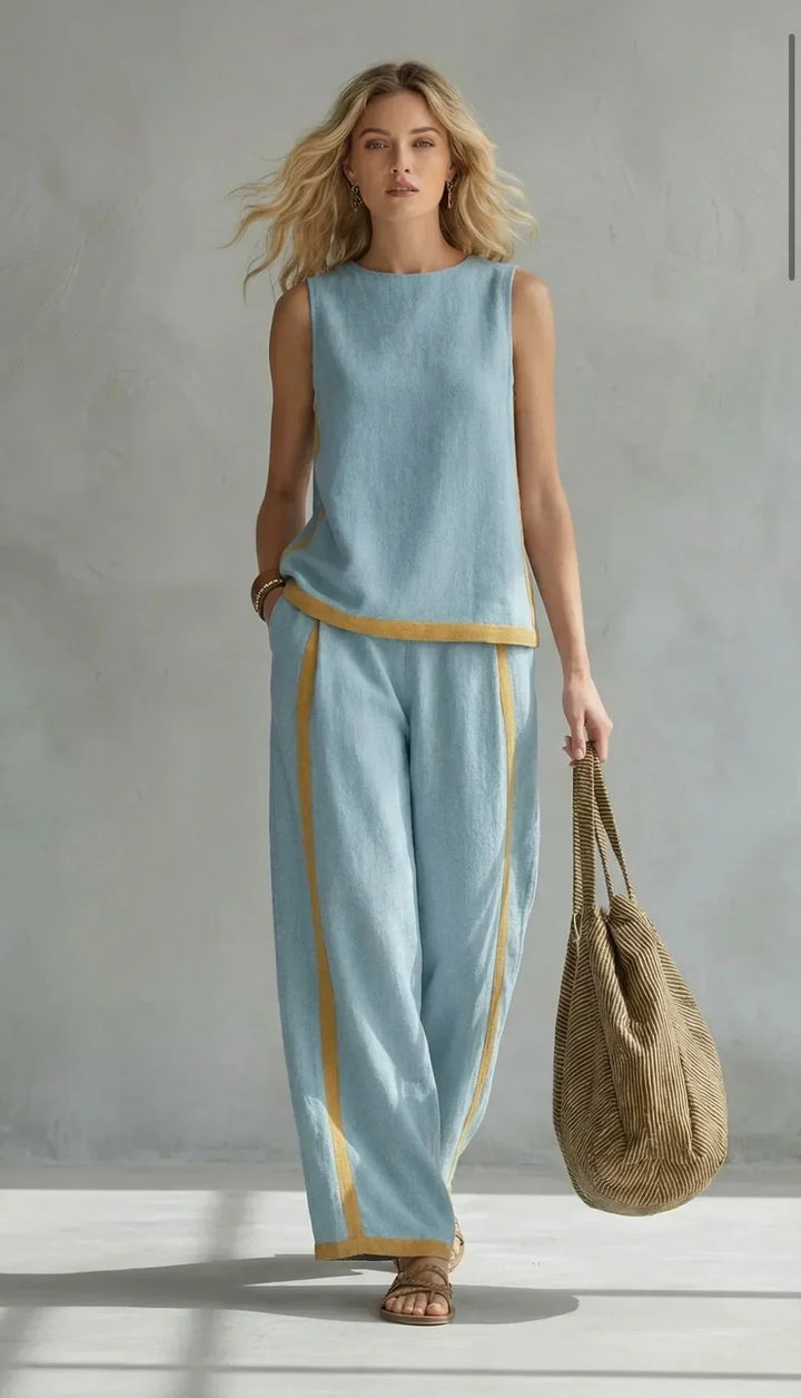 Ursula | Chic-casual vest and pants set with two-tone trim