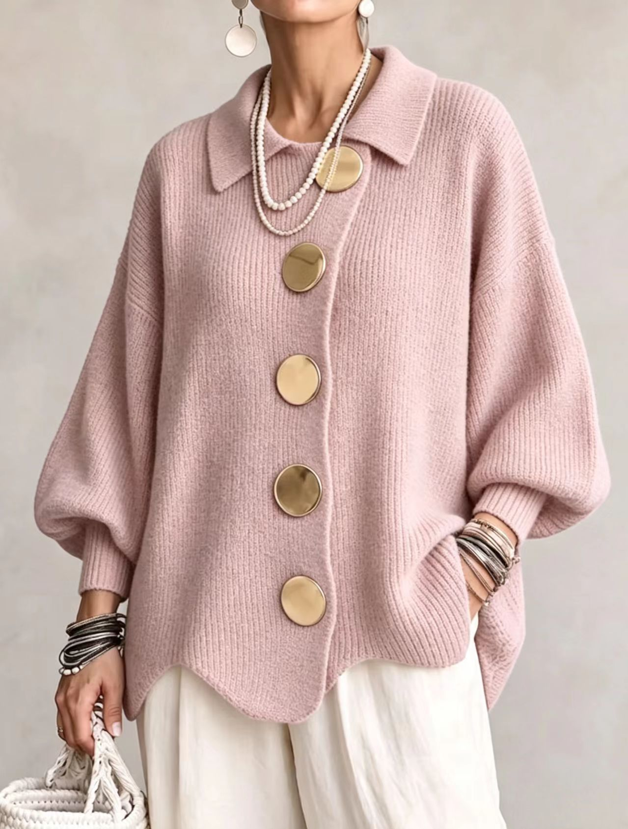 Isadora | Oversized Collared Cardigan With Large Metal Buttons