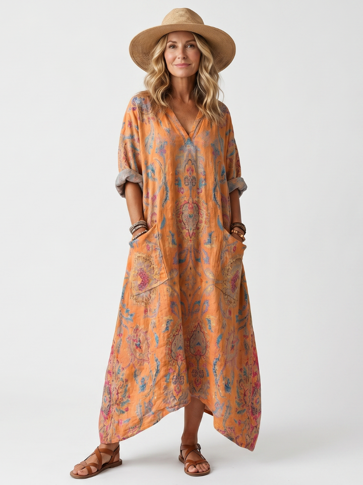 Remina | Printed Oversized Midi Robe with Notched Neckline and Pockets