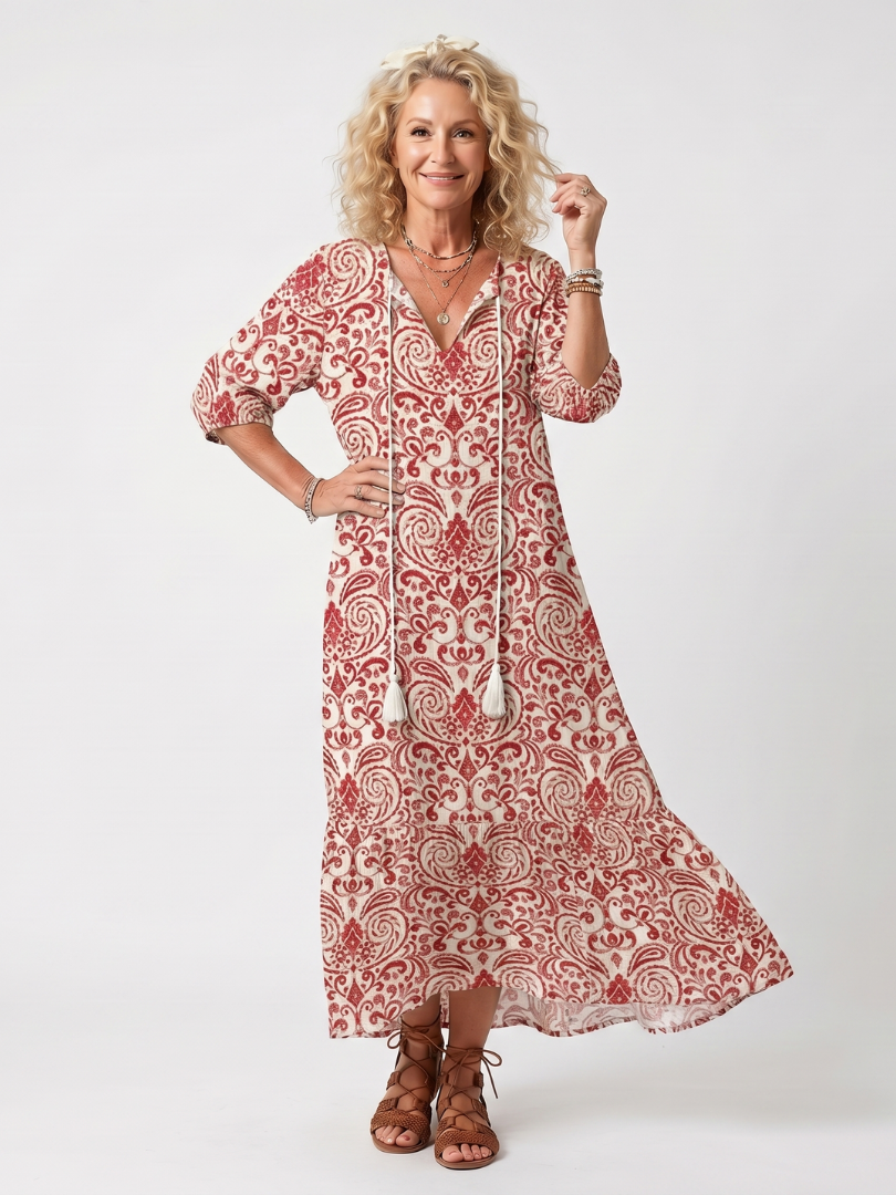 Noelle | Midi Dress with Ornamental Print and Pom-poms
