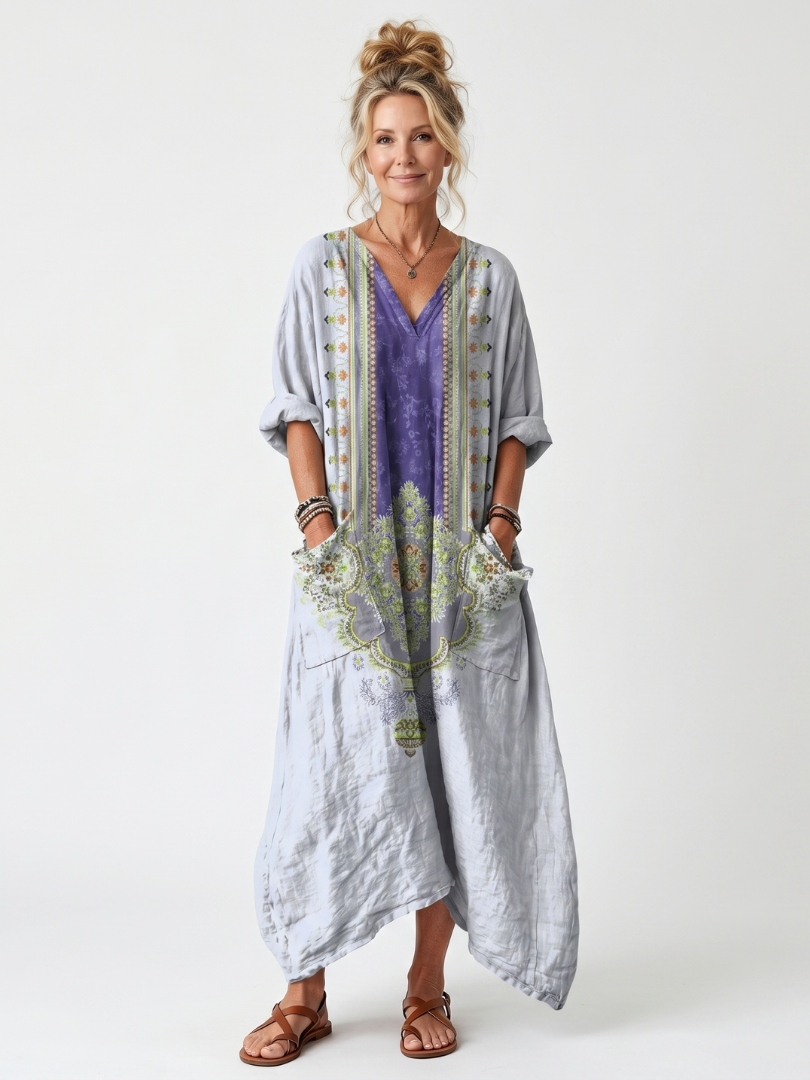 Raina | Oversize Midi Robe with Contrasting Embroidered Panel and Pockets