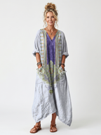 Raina | Embroidered Contrast Panel Oversized Midi Dress with Pockets