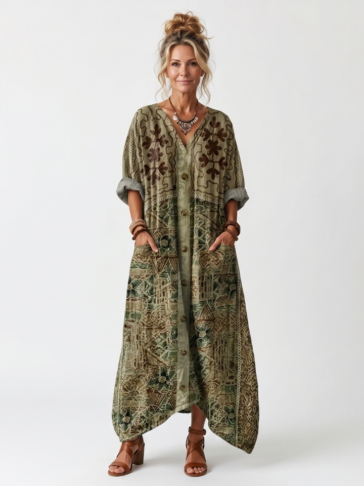 Aletea | Oversized Embroidered Button-Down Midi Dress with Pockets