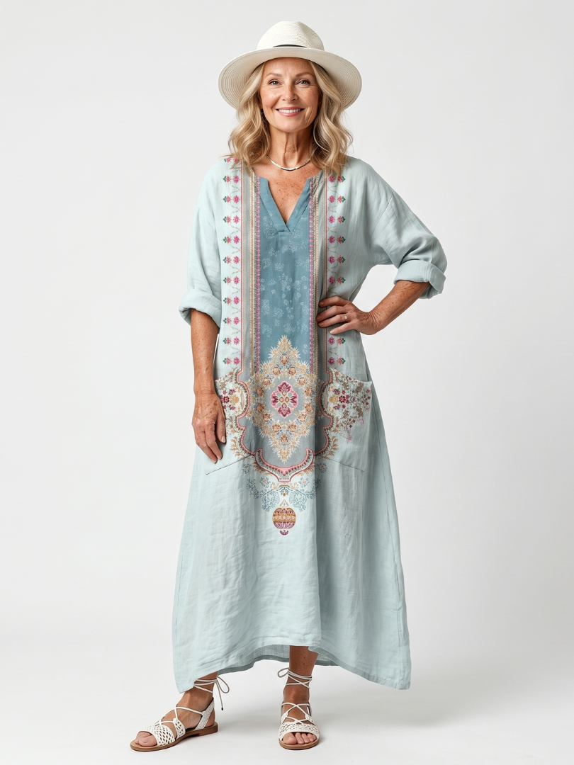 Kassiani | Oversized Midi Dress with Ornate Embroidered Panel and Pockets