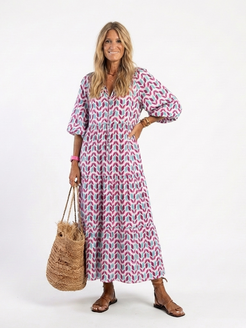 Mileya | Geometric Print Ruffle Long Sleeve Midi Dress