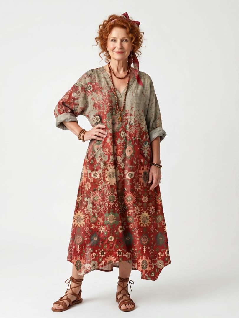 Saffron | Mixed Print Oversize Midi Robe with Pockets