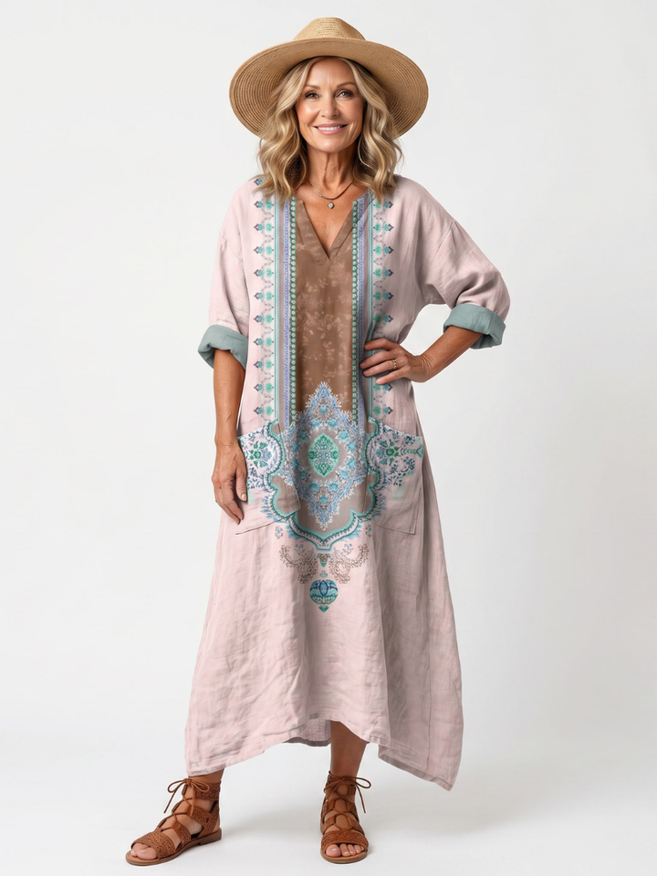 Kenzira | Relaxed Embroidered Panel Midi Dress with Pockets