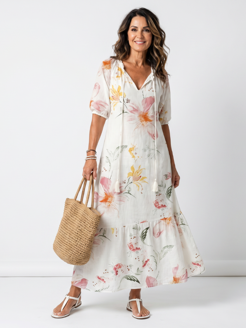 Norae | Ruffled and Tasseled Floral Midi Robe