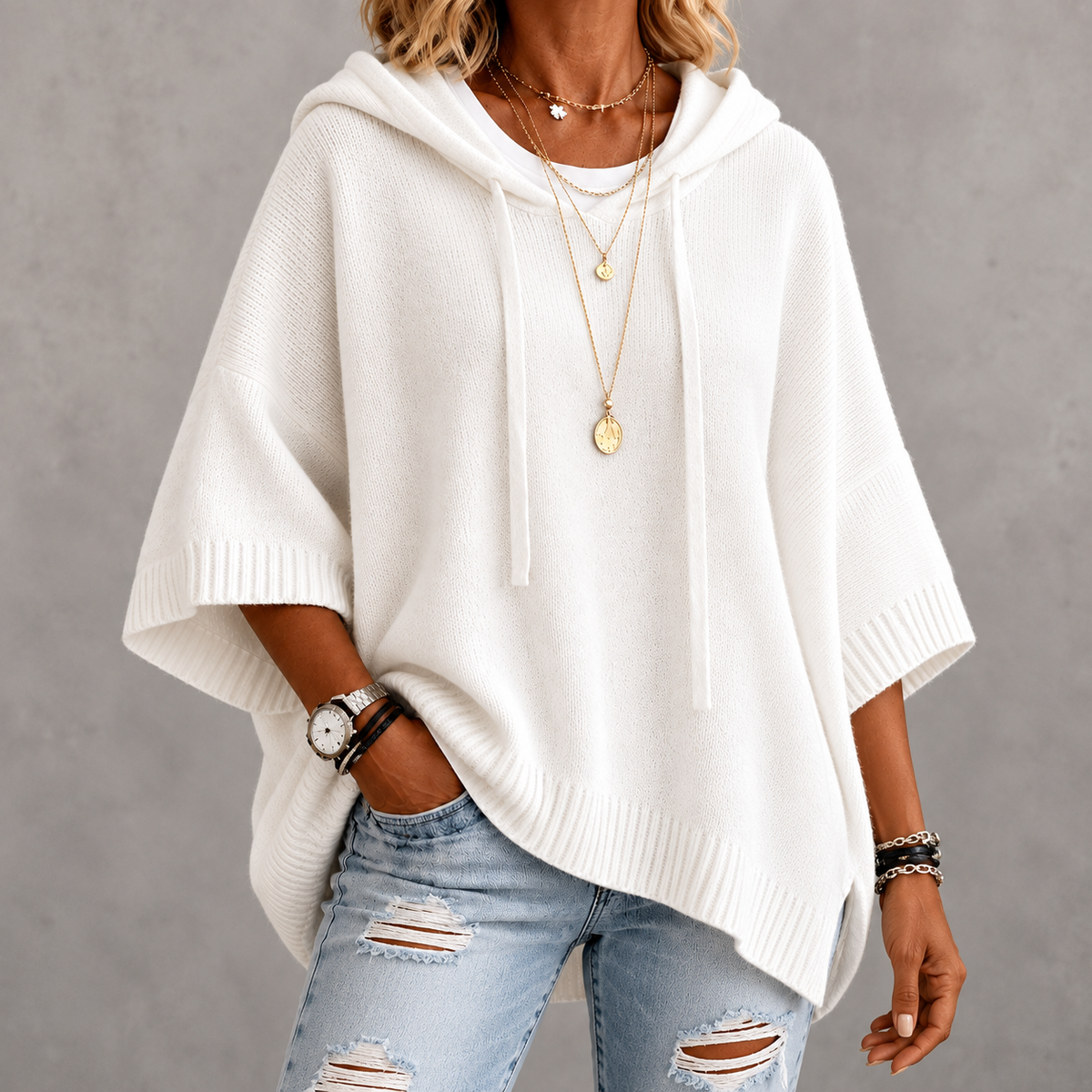 Janice | White Poncho Sweater
