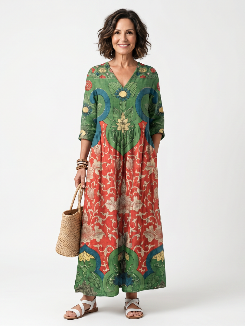 Sloane | Mixed Print V-Neck Midi Robe with Pockets