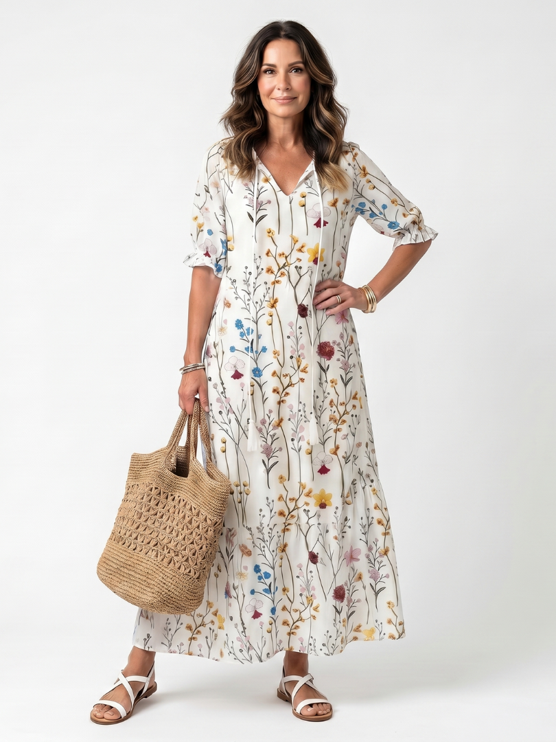 Sylviene | Botanical Print Pom-Pom Midi Dress
