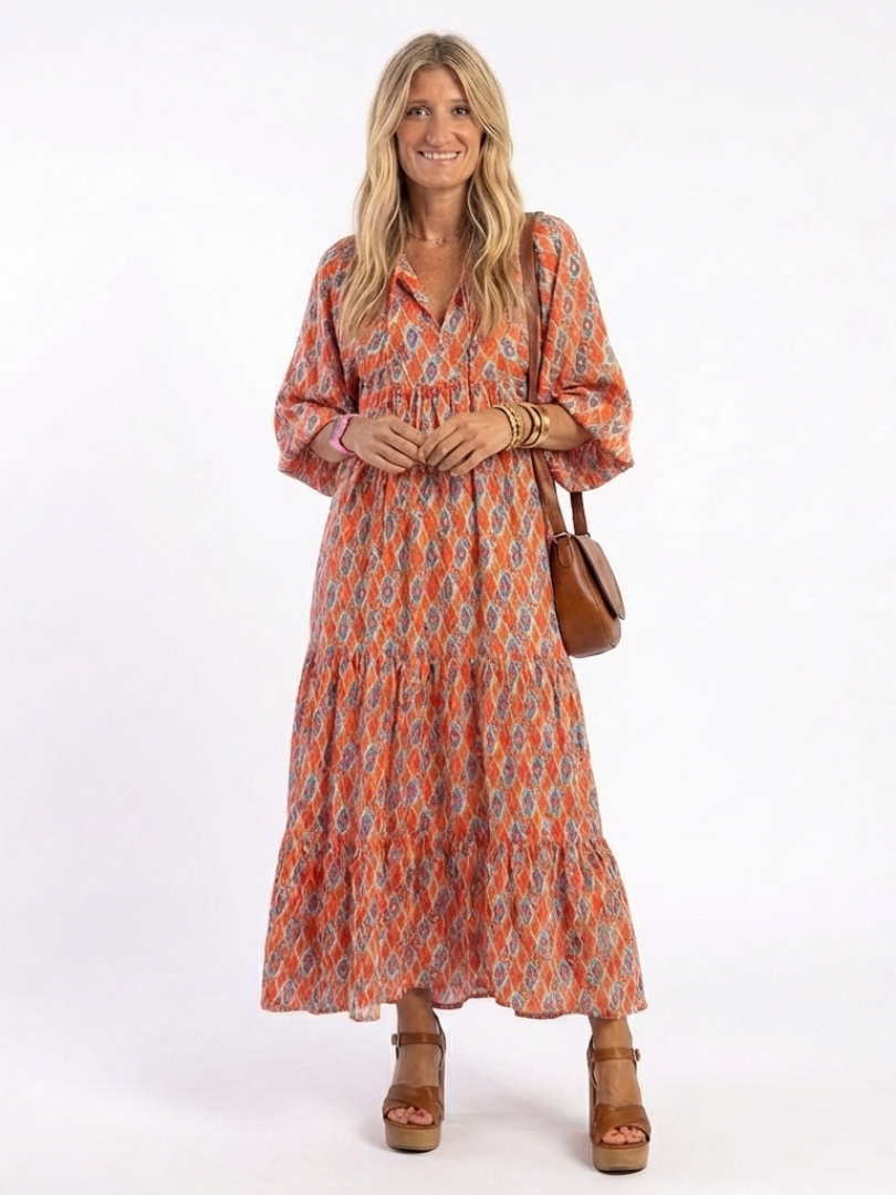 Amaroa | V-Neck Ruffled Geometric Print Midi Dress