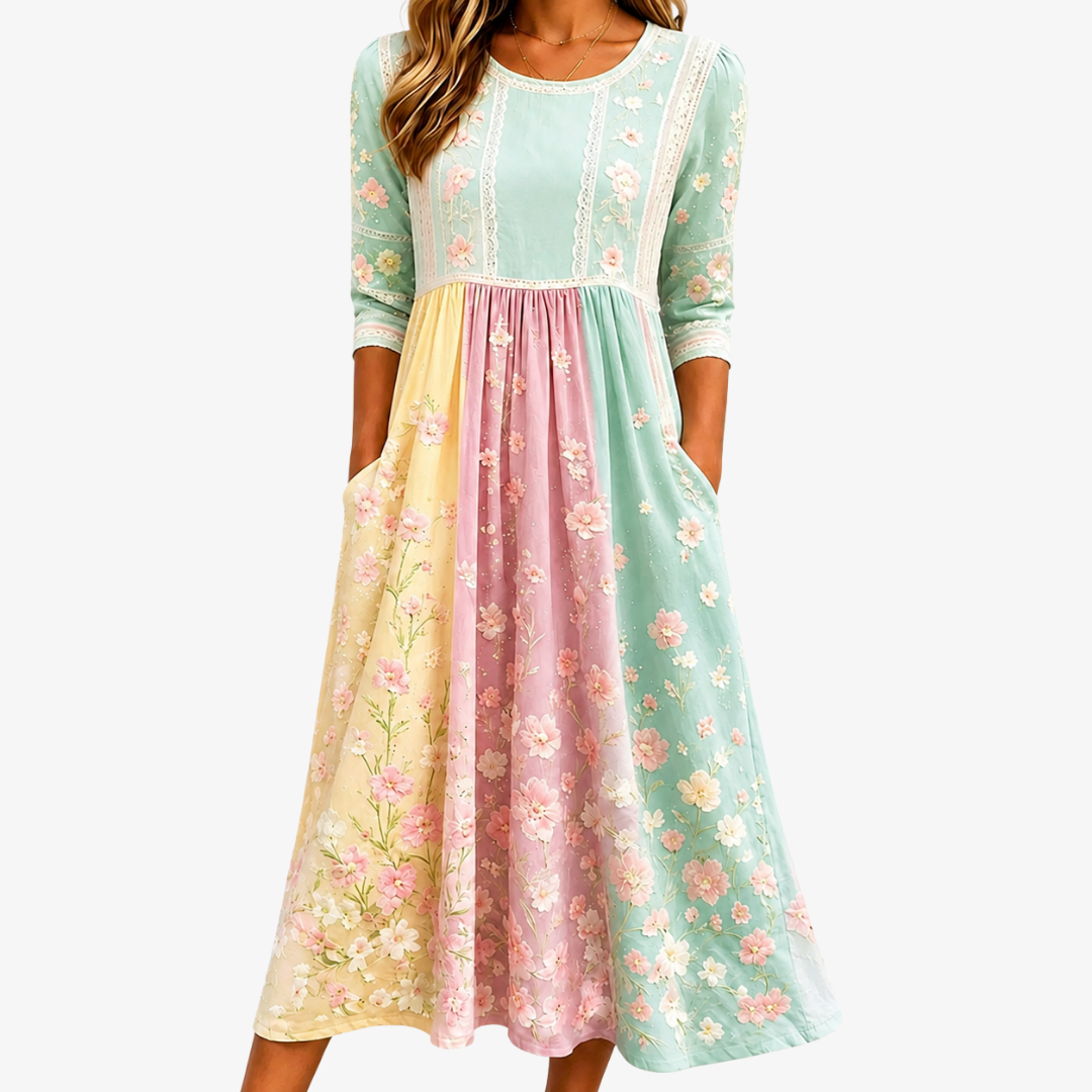Prilia | Spring Floral Patchwork Midi Dress with Pockets