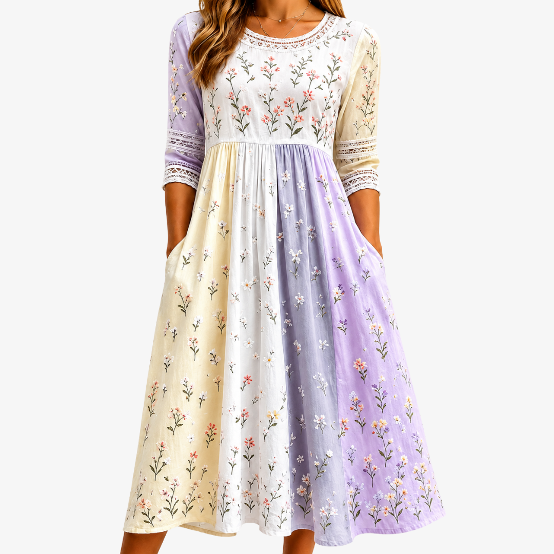 Lavinia | Robe midi patchwork prairie lavande