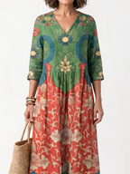 Sloane | Mixed Print V-Neck Midi Dress with Pockets
