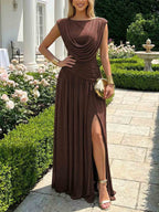 Amanda | Draped Cowl-Neck Ruched High-Slit Maxi Dress