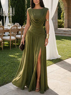 Amanda | Draped Cowl-Neck Ruched High-Slit Maxi Dress