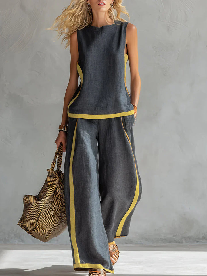 Ursula | Chic-casual vest and pants set with two-tone trim
