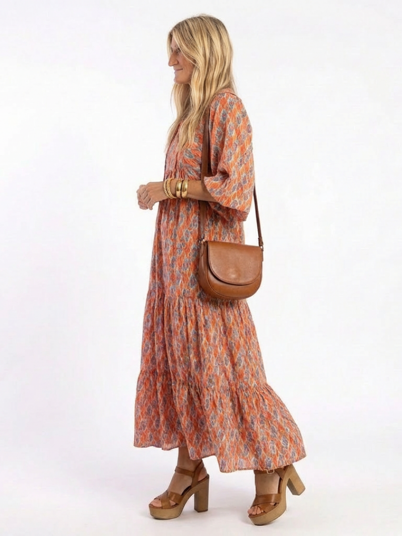 Amaroa | V-Neck Ruffled Geometric Print Midi Dress