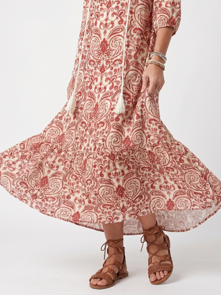 Noelle | Midi Dress with Ornamental Print and Pom-poms