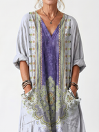 Raina | Embroidered Contrast Panel Oversized Midi Dress with Pockets