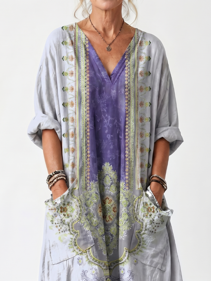 Raina | Oversize Midi Robe with Contrasting Embroidered Panel and Pockets