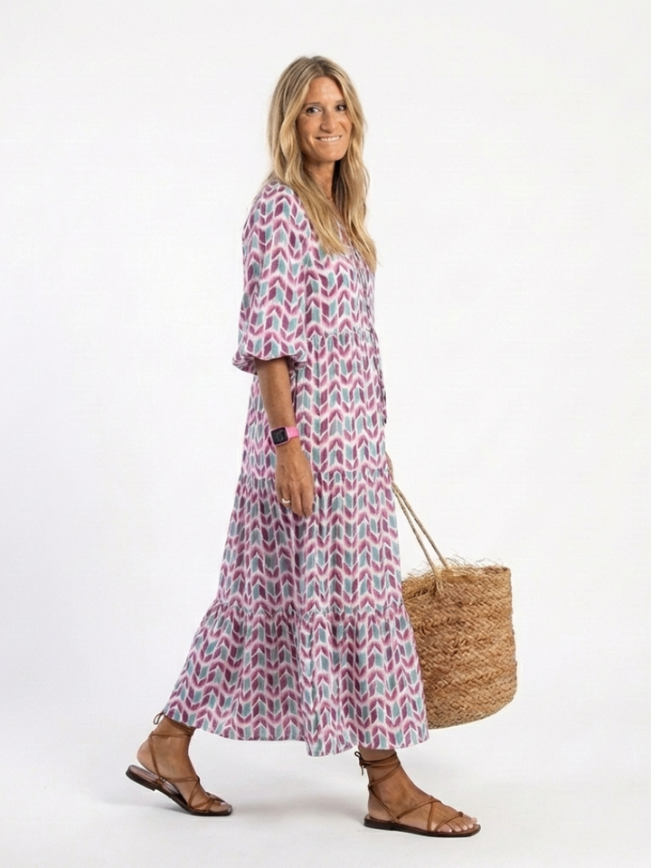 Mileya | Geometric Print Ruffle Long Sleeve Midi Dress