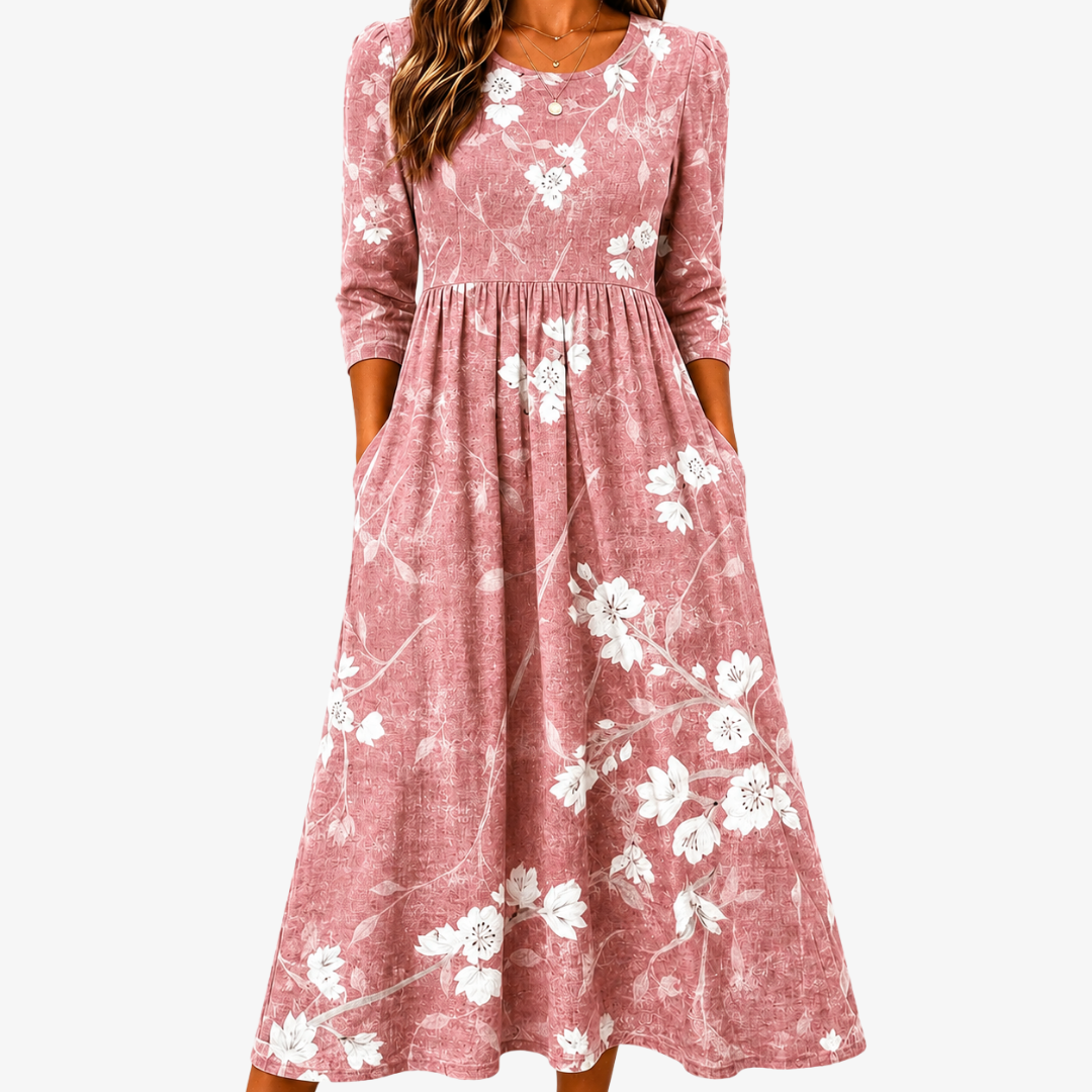 Rosalba | Pink Floral Grace Midi Dress with Pockets