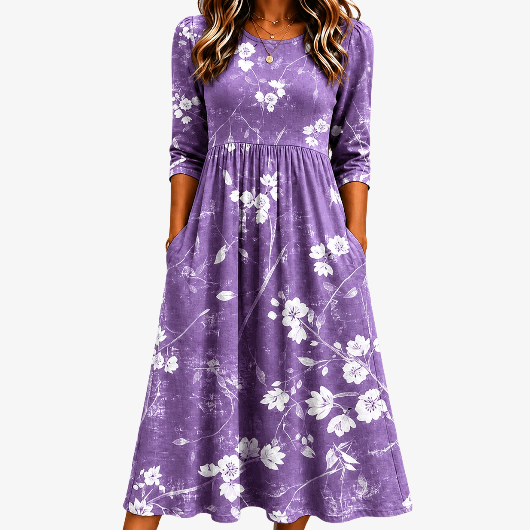 Lila | Lavender Floral Comfort Midi Dress with Pockets