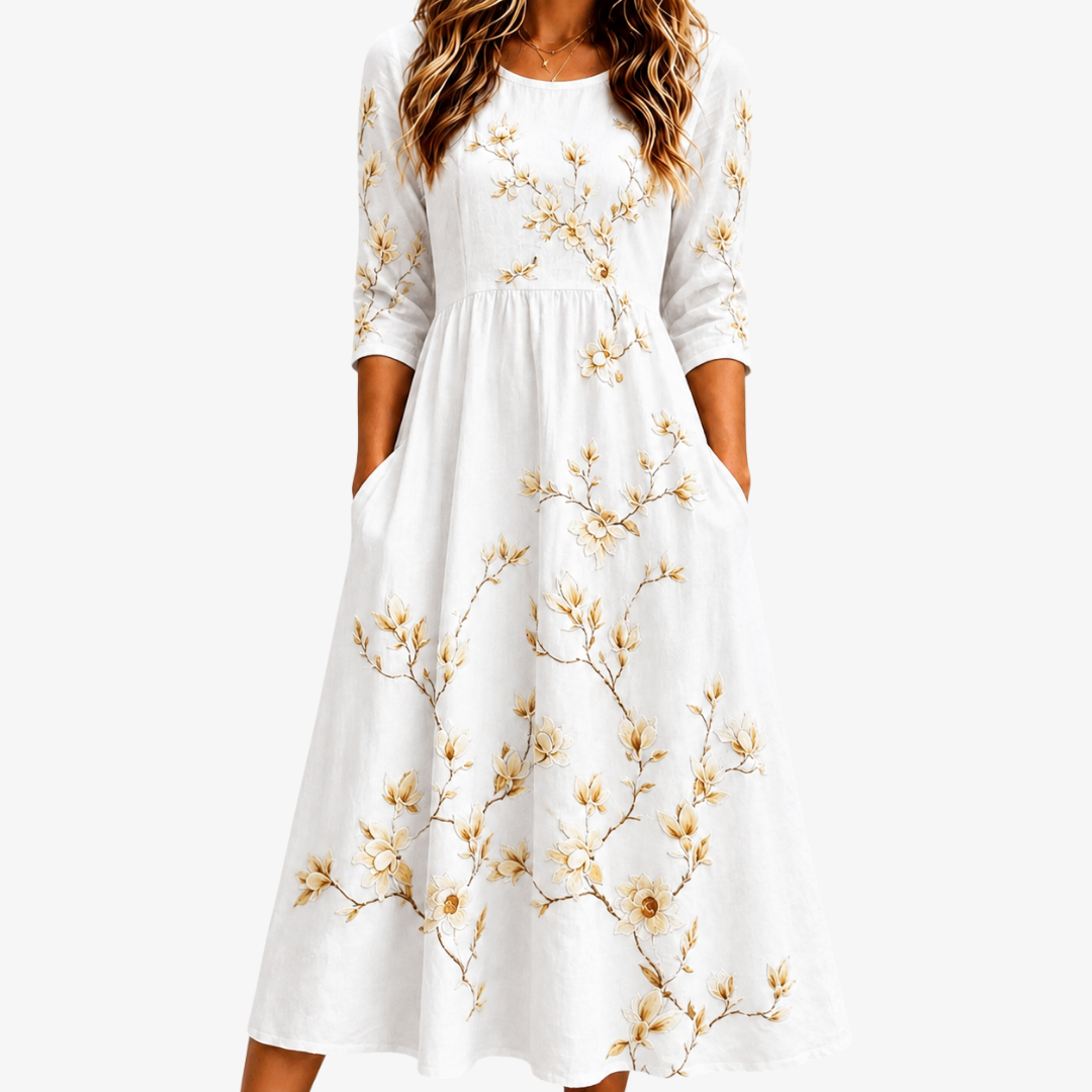 Marfil | Cream Floral Grace Midi Dress with Pockets