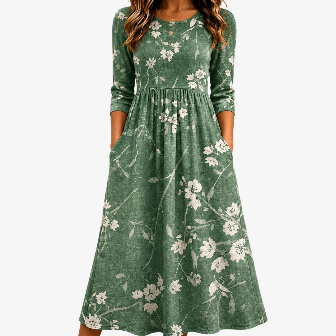 Esmeralda | Relaxed Emerald Green Floral Midi Dress with Pockets