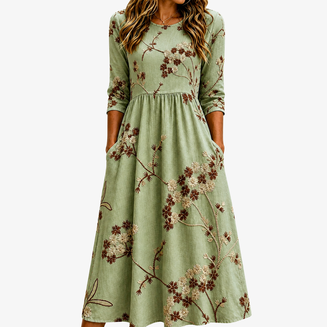 Prado | Robe midi fleurie style prairie vert sauge avec poches