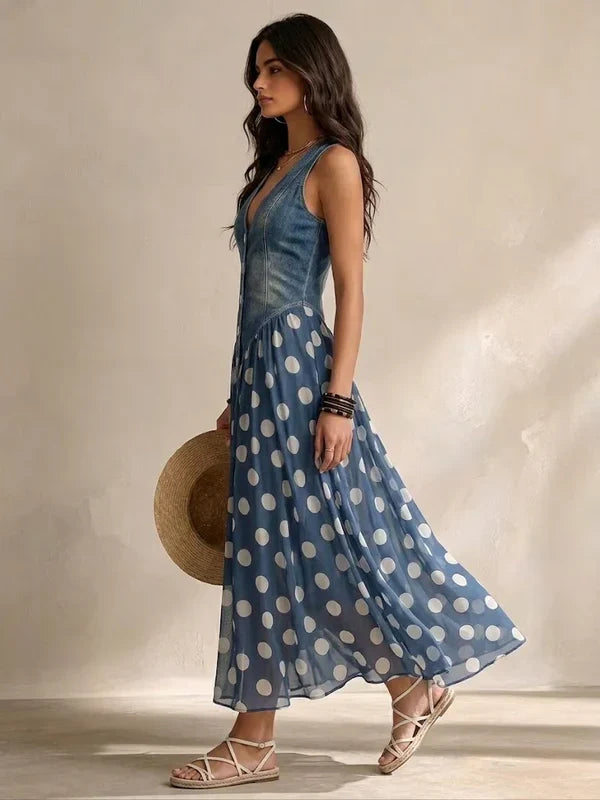 Solène | Robe en jean à jupe mousseline à pois