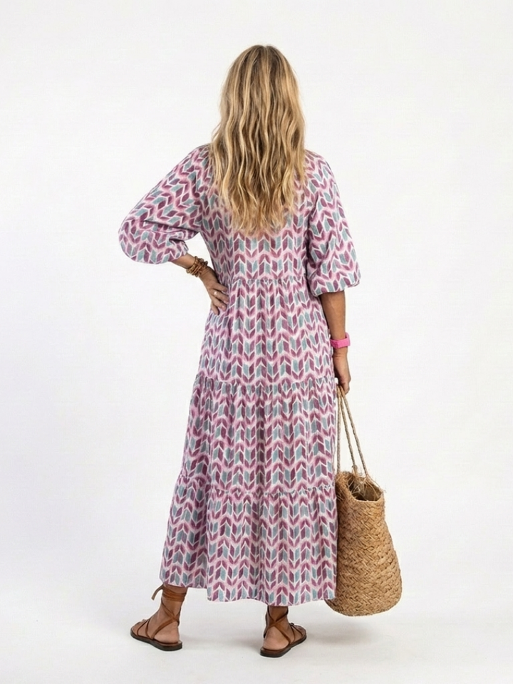 Mileya | Geometric Print Ruffle Long Sleeve Midi Dress