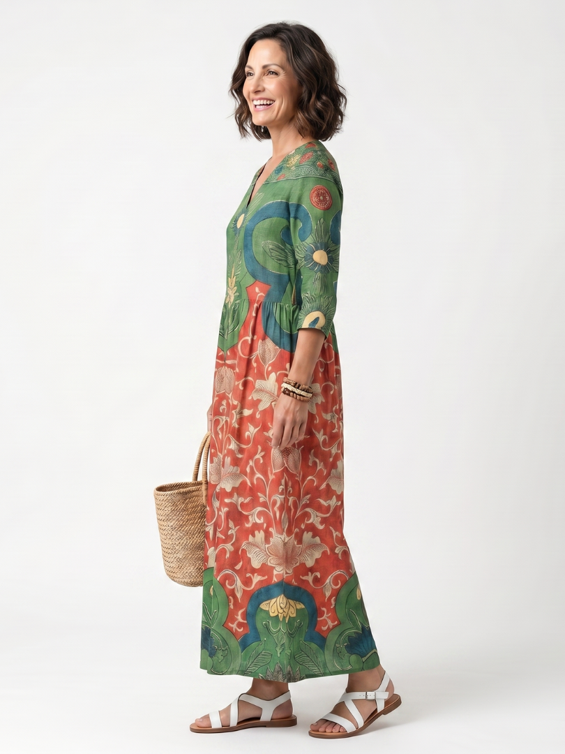 Sloane | Mixed Print V-Neck Midi Robe with Pockets